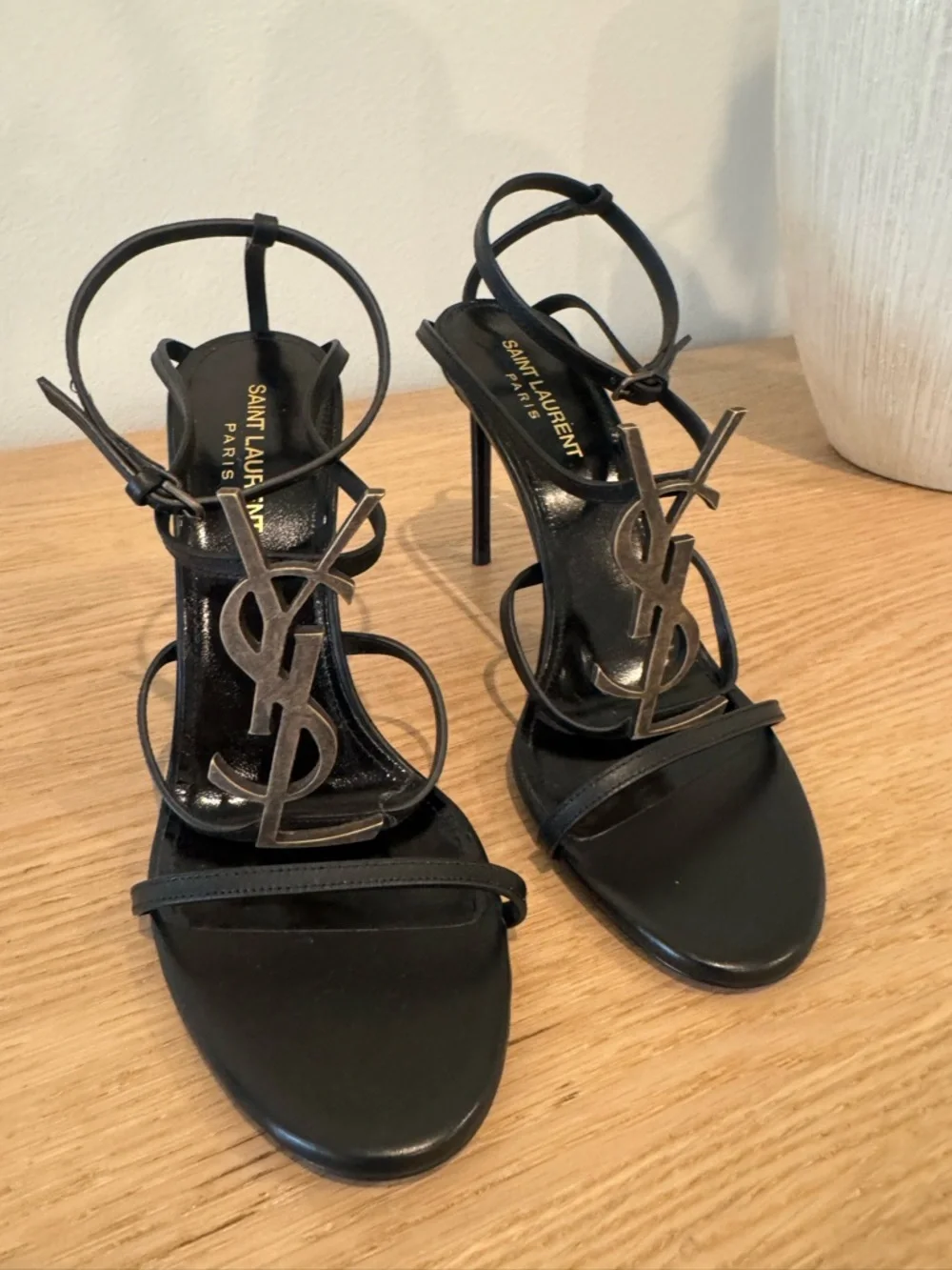 Saint Laurent Black Logo T-Strap Stiletto Sandals - Picture 1 of 16